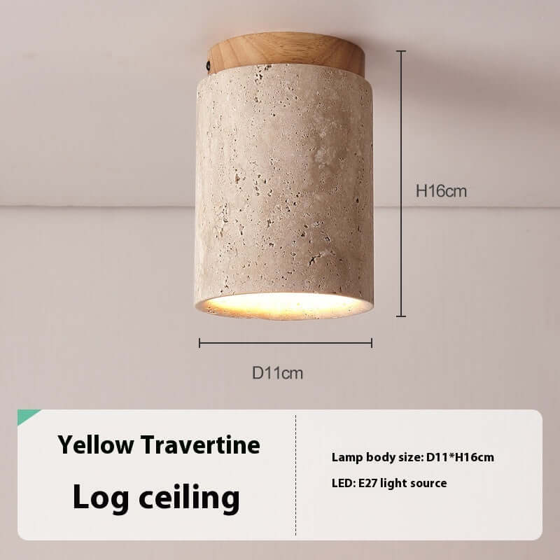 Yellow travertine log ceiling light with wooden base, dimensions D11cm H16cm, suitable for E27 light source.